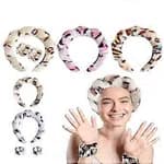 3Pcs Pink Leopard Print Spa Headband and Wristband Set - Puffy Sponge Makeup Hairband & Water Absorbent Wrist Washbands Skincare Combo Pack for Women & Girls