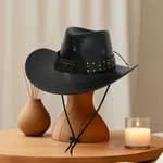 Unisex Premium Black Faux Leather Cowboy Hat - Retro Western Style Wide Brim Outing Cap with Studded Belt and Adjustable Chin Cord for Men & Women