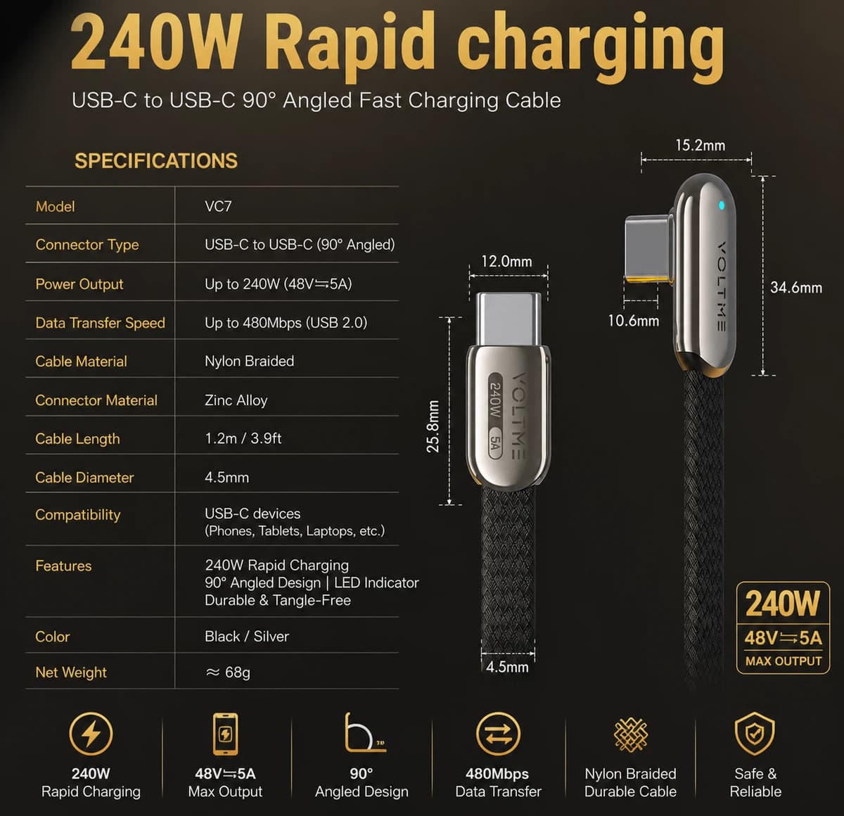 100% Original VOLTME CD205L 240W Powerlink Dott USB-C to USB-C Fast Charging Cable