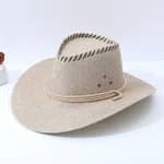 Unisex Wide Brim Linen Straw Cowboy Hat - Breathable Summer Beach Sun Protection Cap with Adjustable Wind Rope for Men & Women