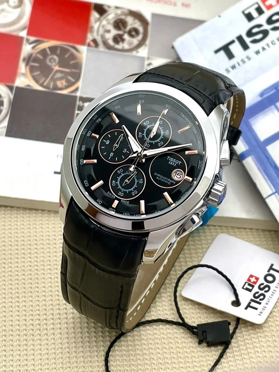 Watch For Men Brown Leather Strap Stainless Steel Case Date Function Black Dial Chronograph Design