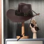 Unisex Premium Black Faux Leather Cowboy Hat - Retro Western Style Wide Brim Outing Cap with Studded Belt and Adjustable Chin Cord for Men & Women