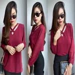 V-Neck Summer Long Sleeves Chiffon Front Cross Choker Neck Plain  T-Shirt