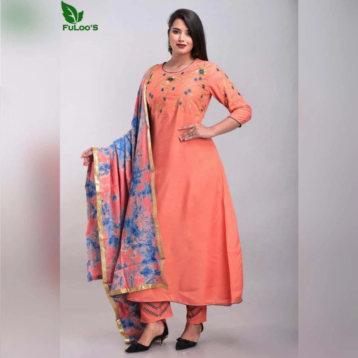 Rani Pink Rayon Straight Printed Kurti With Pant And Dupatta