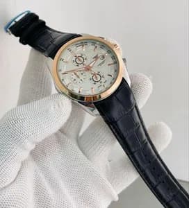 Watch For Men Black Leather Strap Stainless Steel Case Date Function Black Dial Chronograph Design