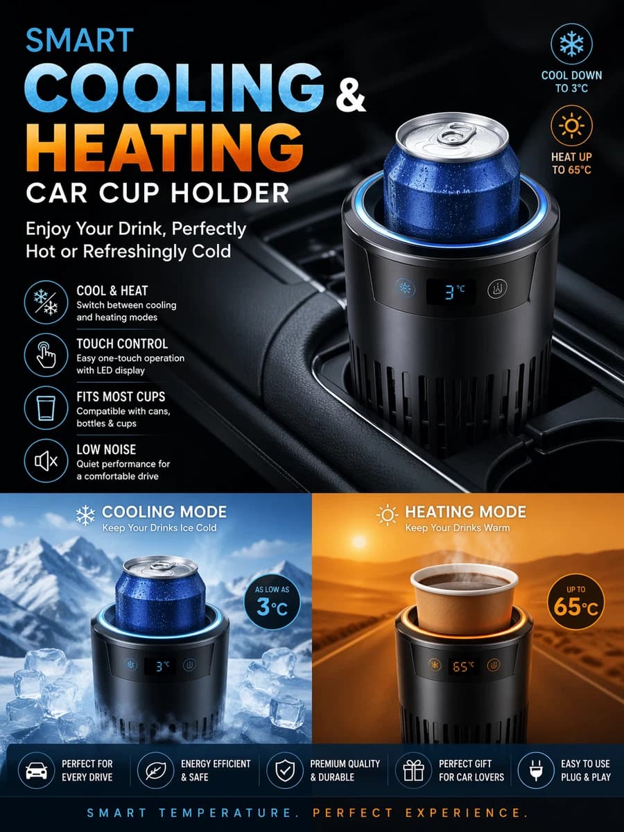 Smart Cooling & Heating Car Cup Holder | 2-in-1 Temperature Control | Portable Auto Cup Warmer & Cooler for Car | USB Powered