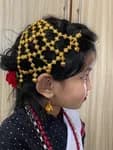 Girl Newari Traditional Dress Set 1 Dress And Jangawal suruwal Patuki With Red Boarder Muga Red Mala Silver Plated Jyapu Shikhaa Sachika For Hair Bond Gold Plated Ear Ring Makasi Gold Plated Nyapu Shikhaa Silver Plated Kale