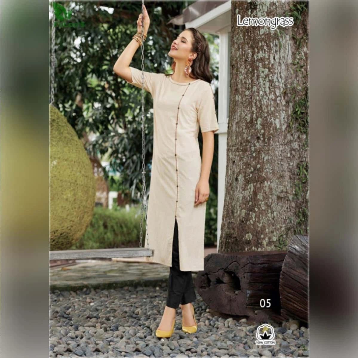 Lemongress Pure Cotton designer Kurti #Cream