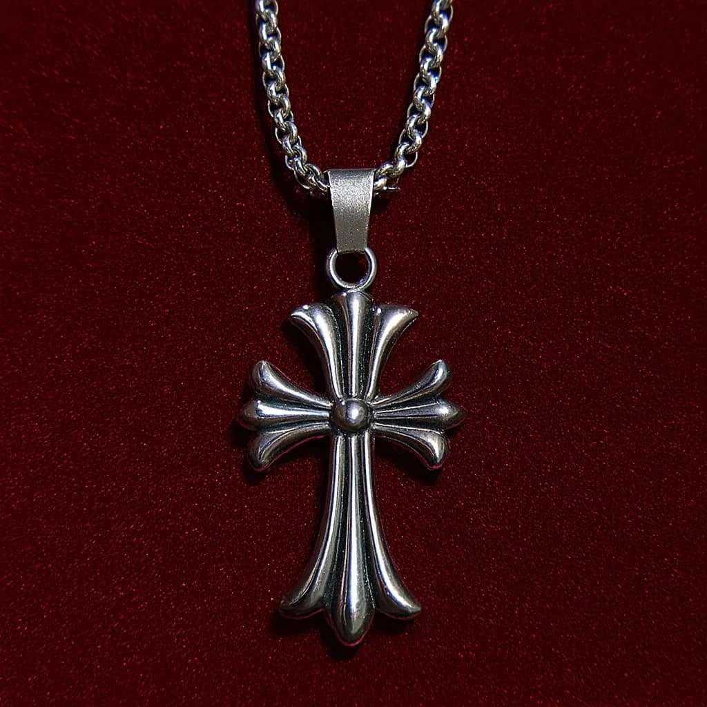 Chrome Hearts Inspired Vintage Silver Cross Pendant Necklace - Premium Stainless Steel Retro Gothic Chain Punk Hip Hop Jewelry for Men & Boys