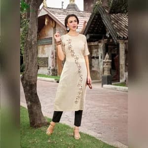 Maple Cotton designer embroidered Kurti Only #Light Yellow