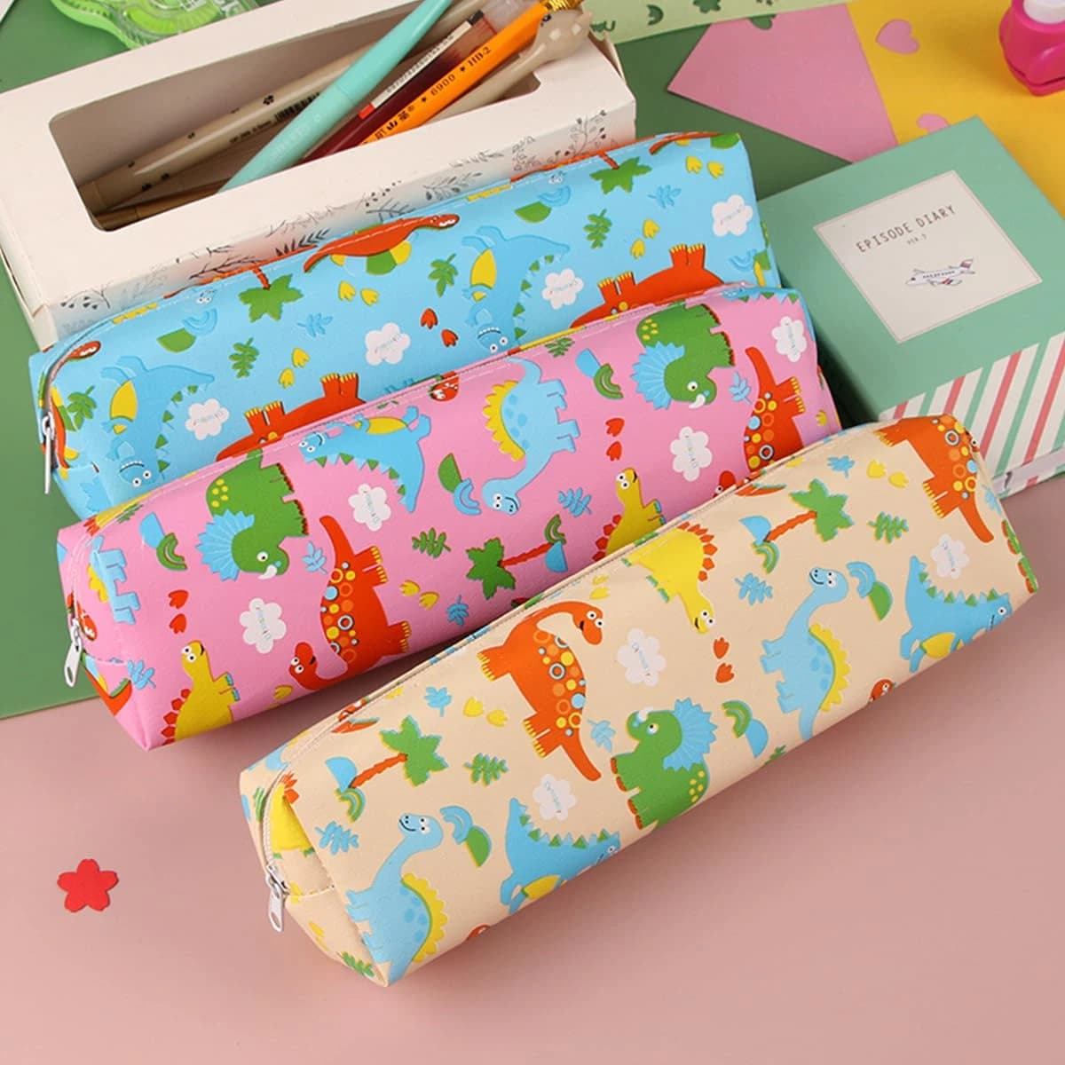 Cute Cartoon Dinosaur Pencil Case Large Capacity Canvas Zipper Pencil Pouch Kawaii School Stationery Organizer Bag for Kids Girls Boys