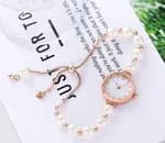 Luxury Pearl Bracelet Watch For Women Rose Gold Case Elegant Quartz Wristwatch With Adjustable Drawstring