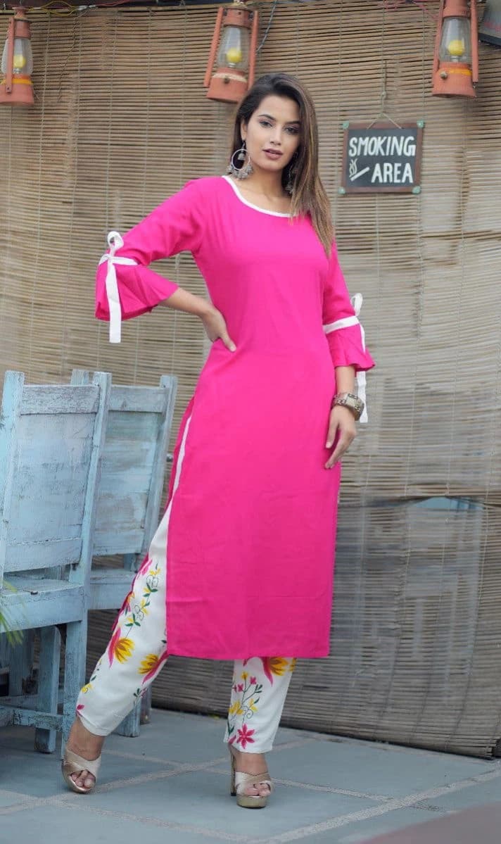 Rani Pink Rayon Straight Solid Kurti With Printed Pant