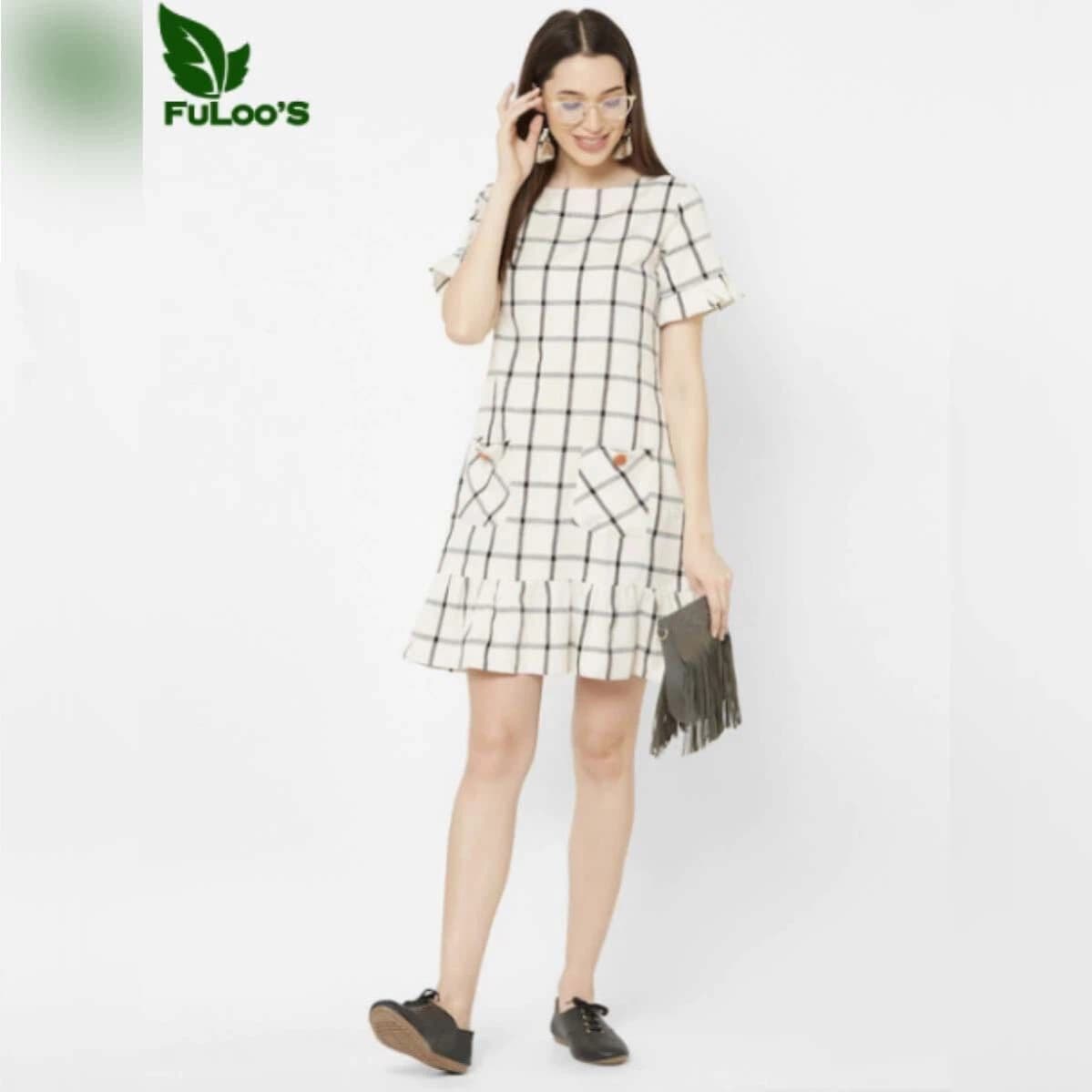 FuLoo's Salta Off-White Checked A-Line Dress for Women